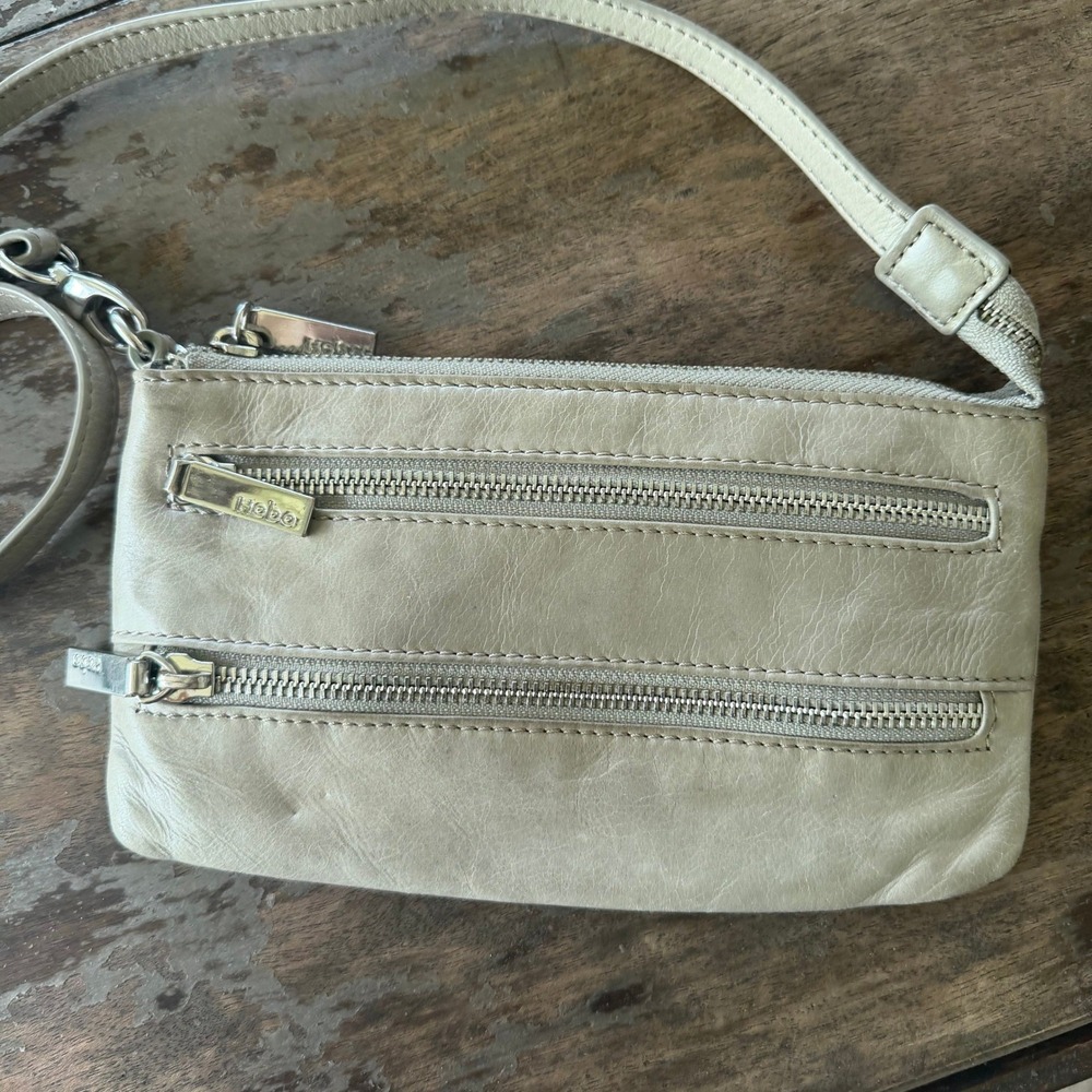 Hobo Grey Leather Crossbody Bag Slim Multi Zip Shoulder Clutch Silver Hardware
